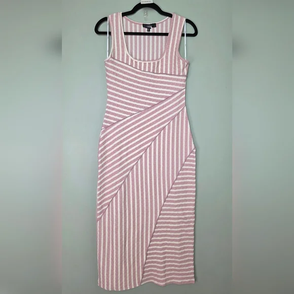 Lulus Constantly Trendy Blush Striped Crinkle Bodycon Midi Dress, Size Large - Picture 4 of 10